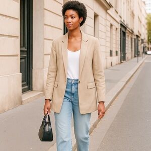 LOFT Womens Beige Cotton Blend Longline Blazer Size 12 Relaxed Fit Quiet Luxury